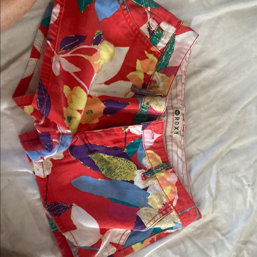 Roxy Red Jean Shorts Tropical Pattern